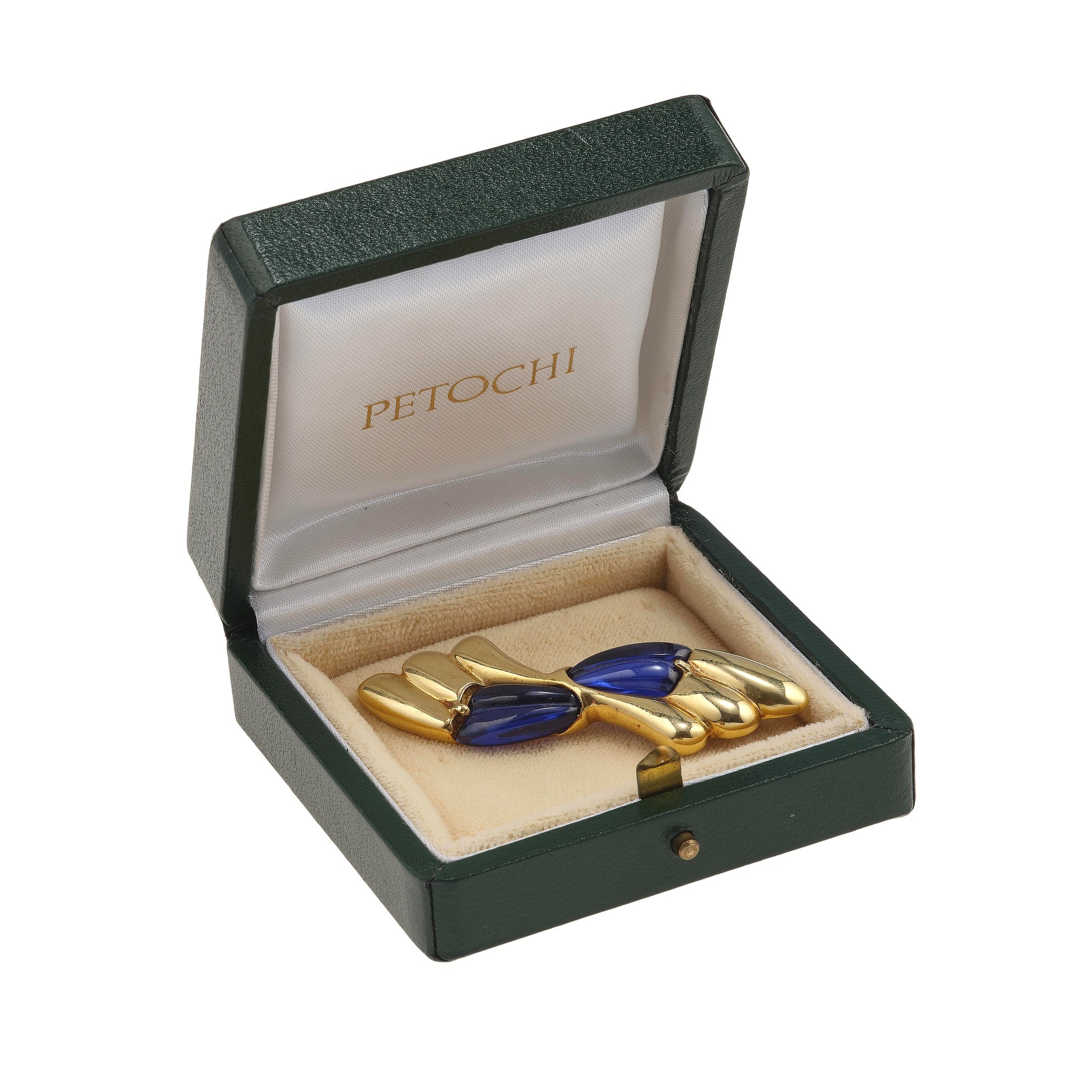 Spilla con montatura in oro giallo 750/1000 e pasta vitrea blu