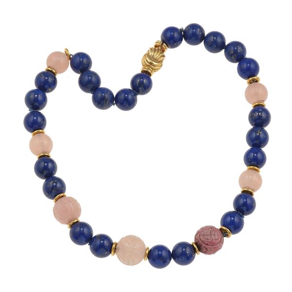 Collana con boules di lapislazzulo, quarzo rosa e rodonite