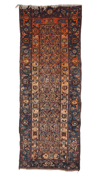 Kilim persiano, Passatoia Malayer (inizio XX secolo), ampia bordatura blu/azzurra