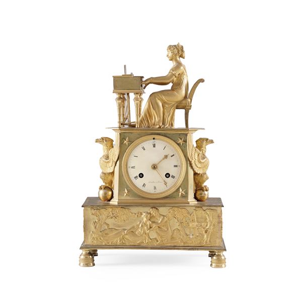 Pendola da tavolo in bronzo dorato, Francia XIX secolo, quadrante firmato Loizillon à Rouen (?)