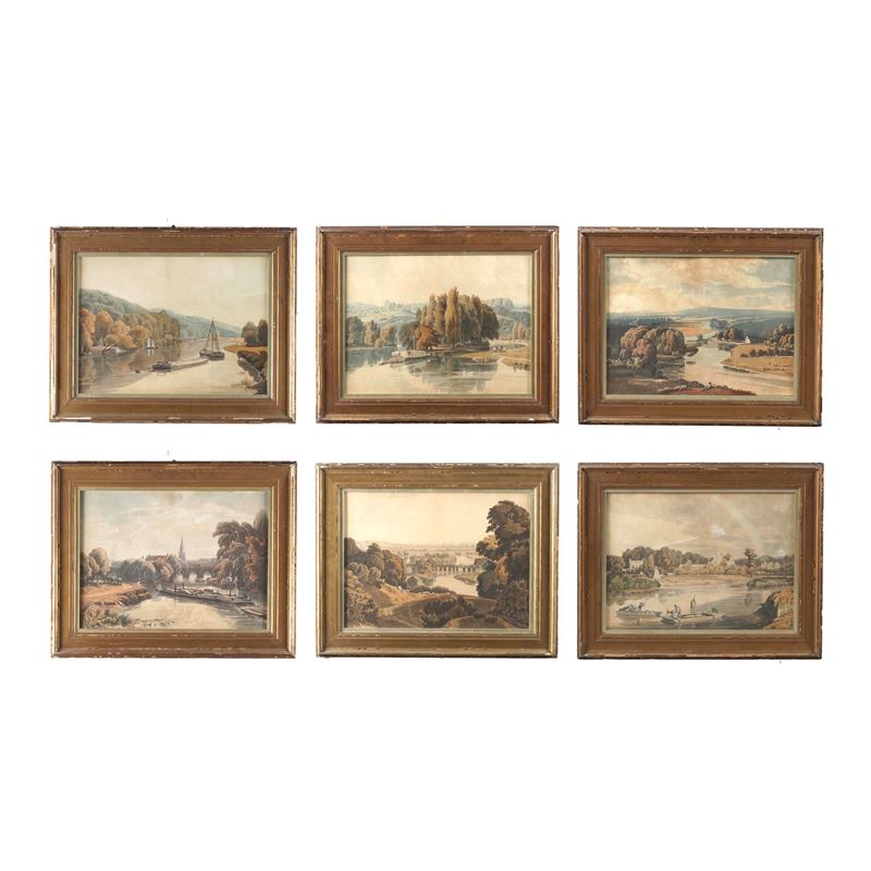 Gruppo di sei stampe a colori raffiguranti paesaggi fluviali. Probabilmente Inghilterra XIX secolo  - Auction Antiques - Cambi Casa d'Aste