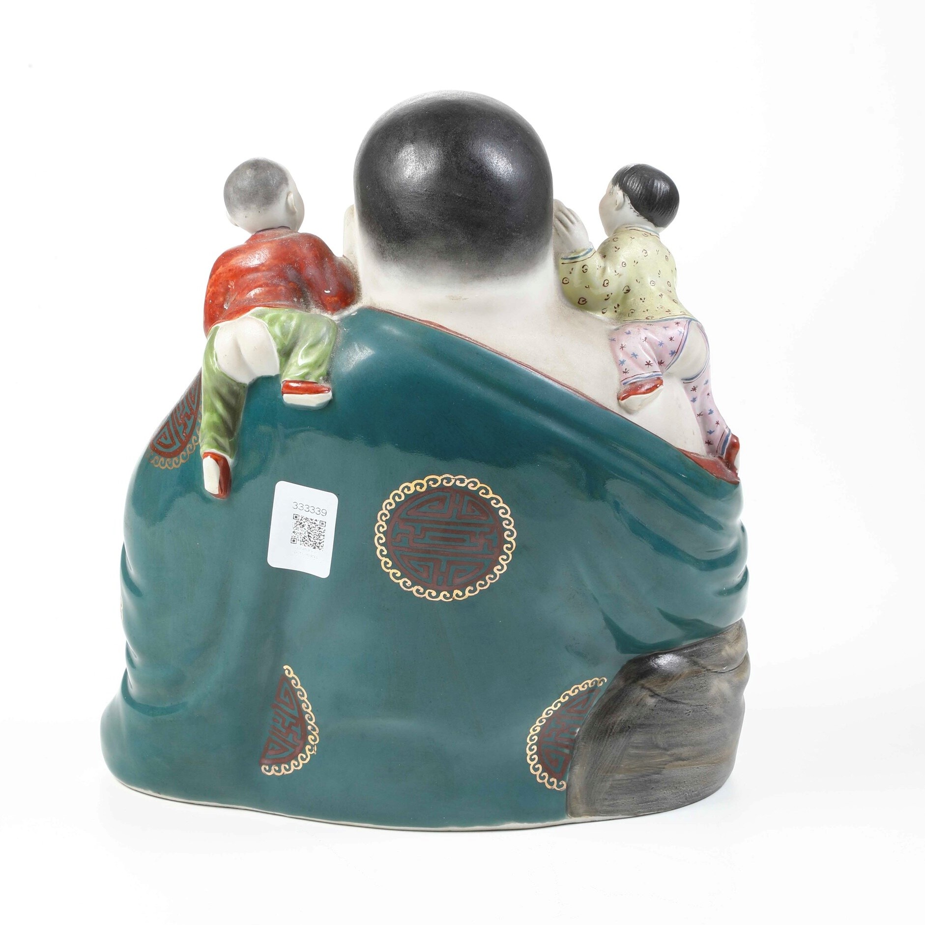 Figura di Budai con Bambini in Porcellana Policroma, Cina, Dinastia Qing, Fine XIX Secolo