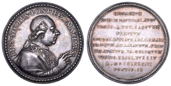 STATO PONTIFICIO. PIO VI (Giannangelo Braschi), 1775-1799. Medaglia in argento 1783/A. IX. L'obelisco del Mausoleo di Augusto collocato di fronte al Quirinale.