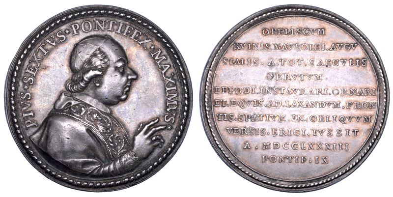 STATO PONTIFICIO. PIO VI (Giannangelo Braschi), 1775-1799. Medaglia in argento 1783/A. IX. L'obelisco del Mausoleo di Augusto collocato di fronte al Quirinale.  - Asta Numismatica - Cambi Casa d'Aste
