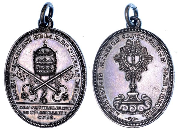 STATO PONTIFICIO. PIO VII (Barnaba Chiaramonti), 1800-1823. Medaglia in argento 1804 (A. V). Dono dell'Associazione del Santissimo Sacramento della Parrocchia di Santo Pietro in Lione per la visita del Pontefice.