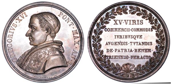 STATO PONTIFICIO. GREGORIO XVI (Bartolomeo Alberto Cappellari), 1831-1846. Medaglia in argento A. I (1831). Fondazione della Camera di Commercio di Roma.
