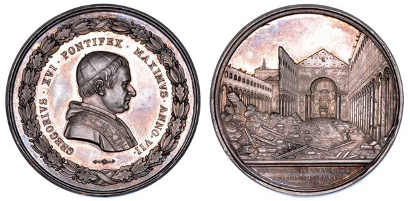 STATO PONTIFICIO. GREGORIO XVI (Bartolomeo Alberto Cappellari), 1831-1846. Medaglia in argento A. VII (1837). Riedificazione della Basilica di San Paolo fuori le Mura.