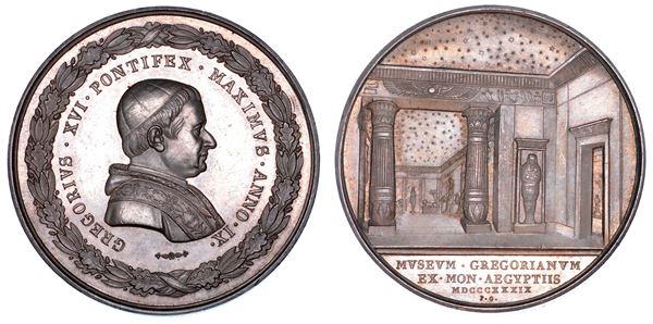 STATO PONTIFICIO. GREGORIO XVI (Bartolomeo Alberto Cappellari), 1831-1846. Medaglia in argento 1839/A. IX. Inaugurazione del Museo Gregoriano Egizio.