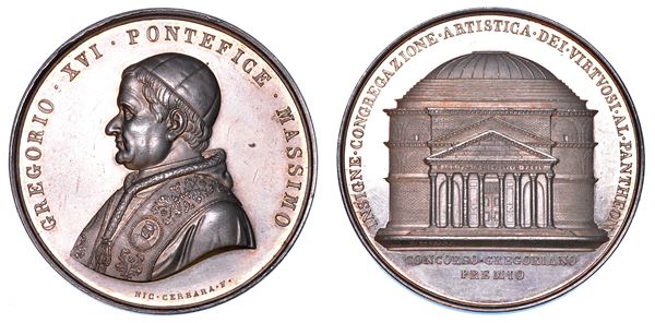 STATO PONTIFICIO. GREGORIO XVI (Bartolomeo Alberto Cappellari), 1831-1846. Medaglia in argento (1838/A. VIII). Premio del concorso dell'Accademia dei Virtuosi al Pantheon.