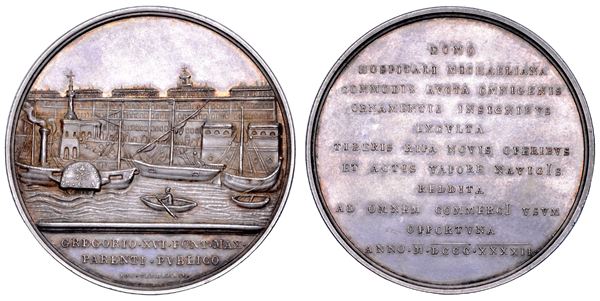 STATO PONTIFICIO. GREGORIO XVI (Bartolomeo Alberto Cappellari), 1831-1846. Medaglia in argento 1842 (A. XII). Costruzione del porto di Ripa Grande a Roma.