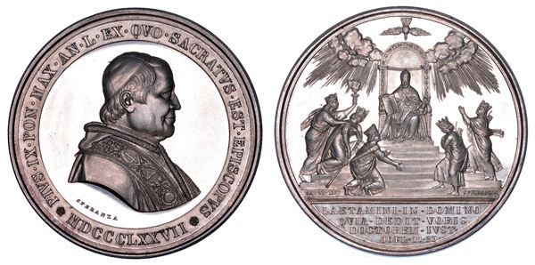 STATO PONTIFICIO. PIO IX (Giovanni Maria Mastai Ferretti), 1846-1878. Medaglia in argento 1877 (A. XXXI). I Cinque Continenti.