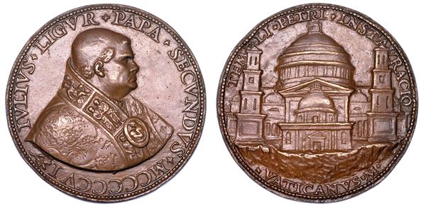STATO PONTIFICIO. GIULIO II (Giuliano della Rovere), 1503-1513. Medaglia in bronzo 1506. Per la posa della prima pietra per la costruzione della nuova basilica vaticana, avvenuta il 18 aprile 1506.