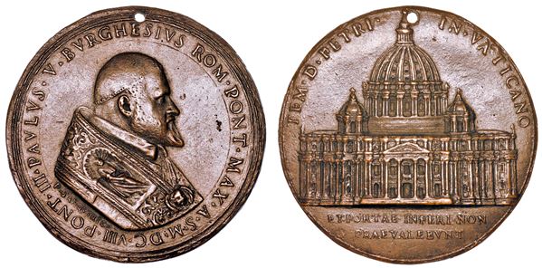 STATO PONTIFICIO. PAOLO V (Camillo Borghese), 1605-1621. Medaglia in bronzo 1608/A. III. Posa della prima pietra della facciata di San Pietro.