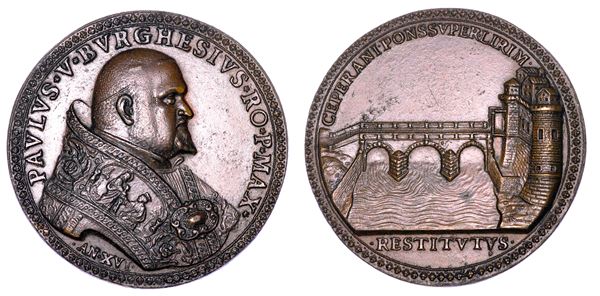 STATO PONTIFICIO. PAOLO V (Camillo Borghese), 1605-1621. Medaglia in bronzo A. XVI (1620). Ricostruzione del Ponte di Ceprano sul fiume Liri.