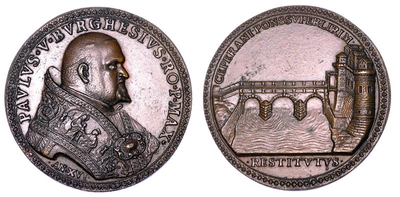 STATO PONTIFICIO. PAOLO V (Camillo Borghese), 1605-1621. Medaglia in bronzo A. XVI (1620). Ricostruzione del Ponte di Ceprano sul fiume Liri.  - Auction Numismatics - Medals and popes - II - Cambi Casa d'Aste
