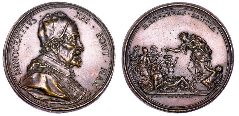 STATO PONTIFICIO. INNOCENZO XII (Antonio Pignatelli), 1691–1700. Medaglia in bronzo s.d. Opere del Pontefice a favore dei bisognosi.  - Auction Numismatics - Medals and popes - II - Cambi Casa d'Aste