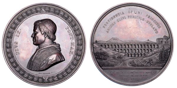 STATO PONTIFICIO. PIO IX (Giovanni Maria Mastai Ferretti), 1846-1878. Medaglia in bronzo di massimo modulo 1854/A. IX. Costruzione del ponte di Ariccia.