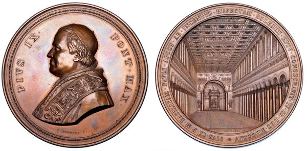 STATO PONTIFICIO. PIO IX (Giovanni Maria Mastai Ferretti), 1846-1878. Medaglia in bronzo 1861. Ricostruzione della Basilica di San Paolo fuori le Mura.