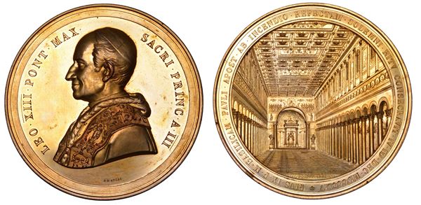 ROMA. LEONE XIII (Vincenzo Gioacchino Luigi Pecci), 1878-1903. Medaglia in bronzo dorato di massimo modulo A. III (1880/81). Conclusione dei lavori di restauro della Basilica di San Giovanni in Laterano a Roma.
