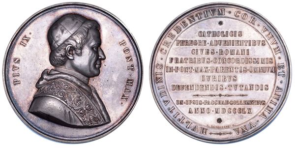 STATO PONTIFICIO. PIO IX (Giovanni Maria Mastai Ferretti), 1846-1878. Medaglia in argento 1860/A. XIV. In ricordo dei pellegrini stranieri venuti a Roma nella Pasqua 1860.