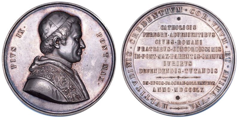 STATO PONTIFICIO. PIO IX (Giovanni Maria Mastai Ferretti), 1846-1878. Medaglia in argento 1860/A. XIV. In ricordo dei pellegrini stranieri venuti a Roma nella Pasqua 1860.  - Auction Numismatics - Medals and popes - II - Cambi Casa d'Aste
