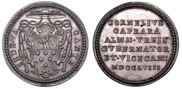 STATO PONTIFICIO. SEDE VACANTE 1758. Medaglia in argento emessa dal Governatore di Roma e Vice Camerlengo Monsignor Cornelio Monti Caprara.