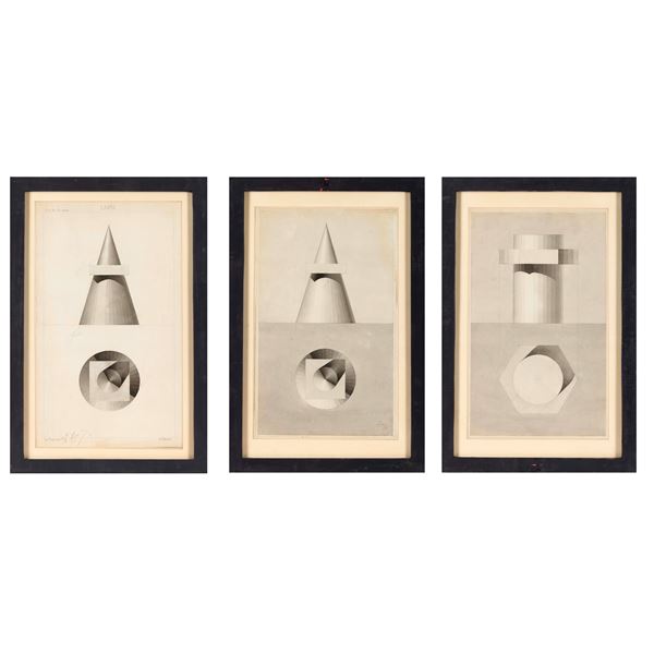 Lotto di tre prove accademiche con disegni tecnico-geometrici