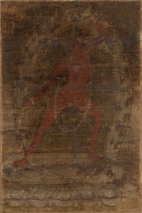 Thangka (frammento) raffigurante divinità danzante, India, XVIII secolo