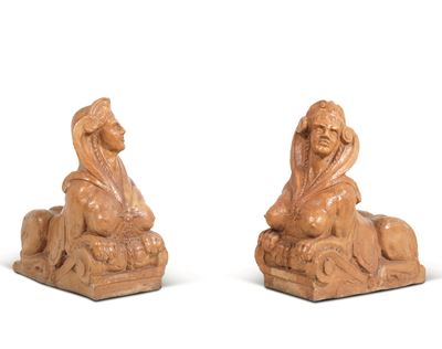 Plasticatore del XX secolo, Coppia di sfingi in terracotta dipinta