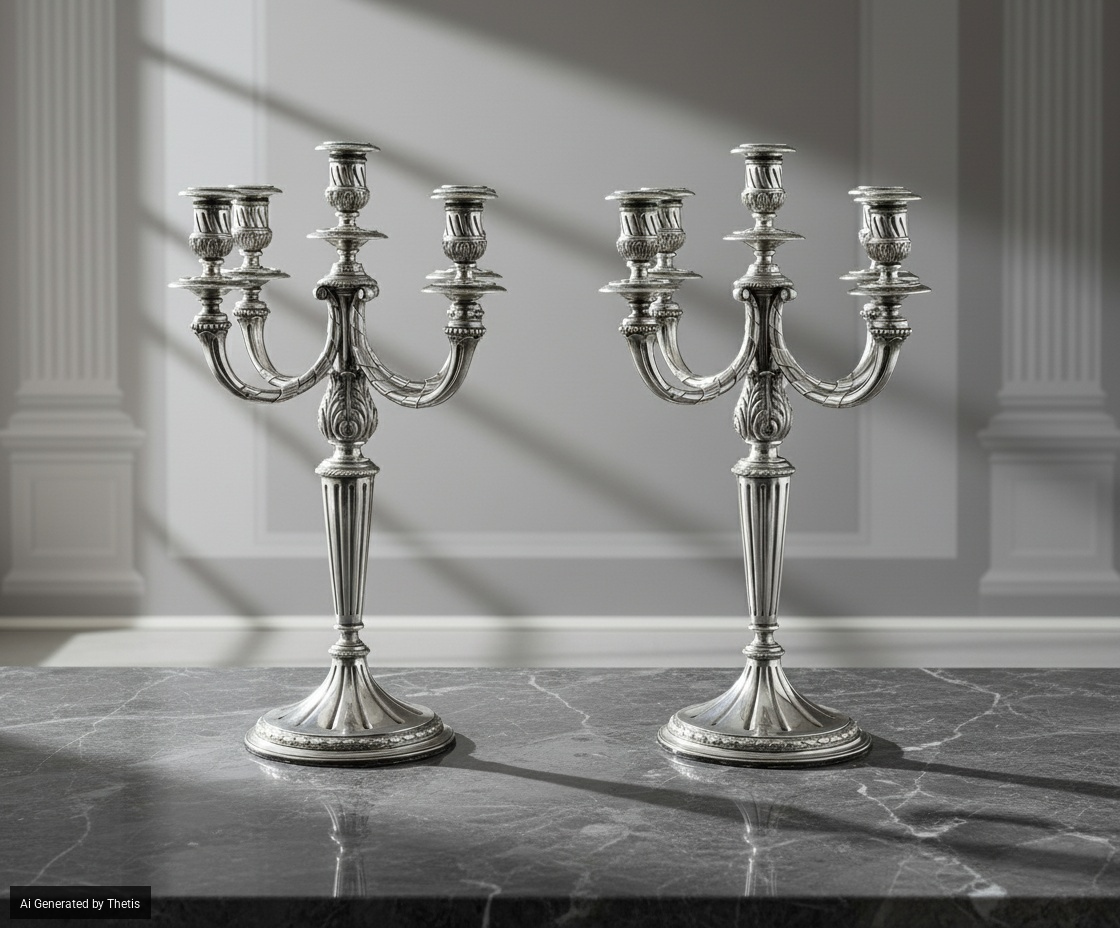 Coppia di Candelabri a Cinque Fiamme. Argenteria Artistica Milanese, Prima Metà del XX Secolo. Ar...