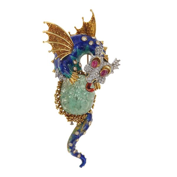 Enamel, diamond, ruby and carved beryl "Dragon" brooch. Damage to the enamel