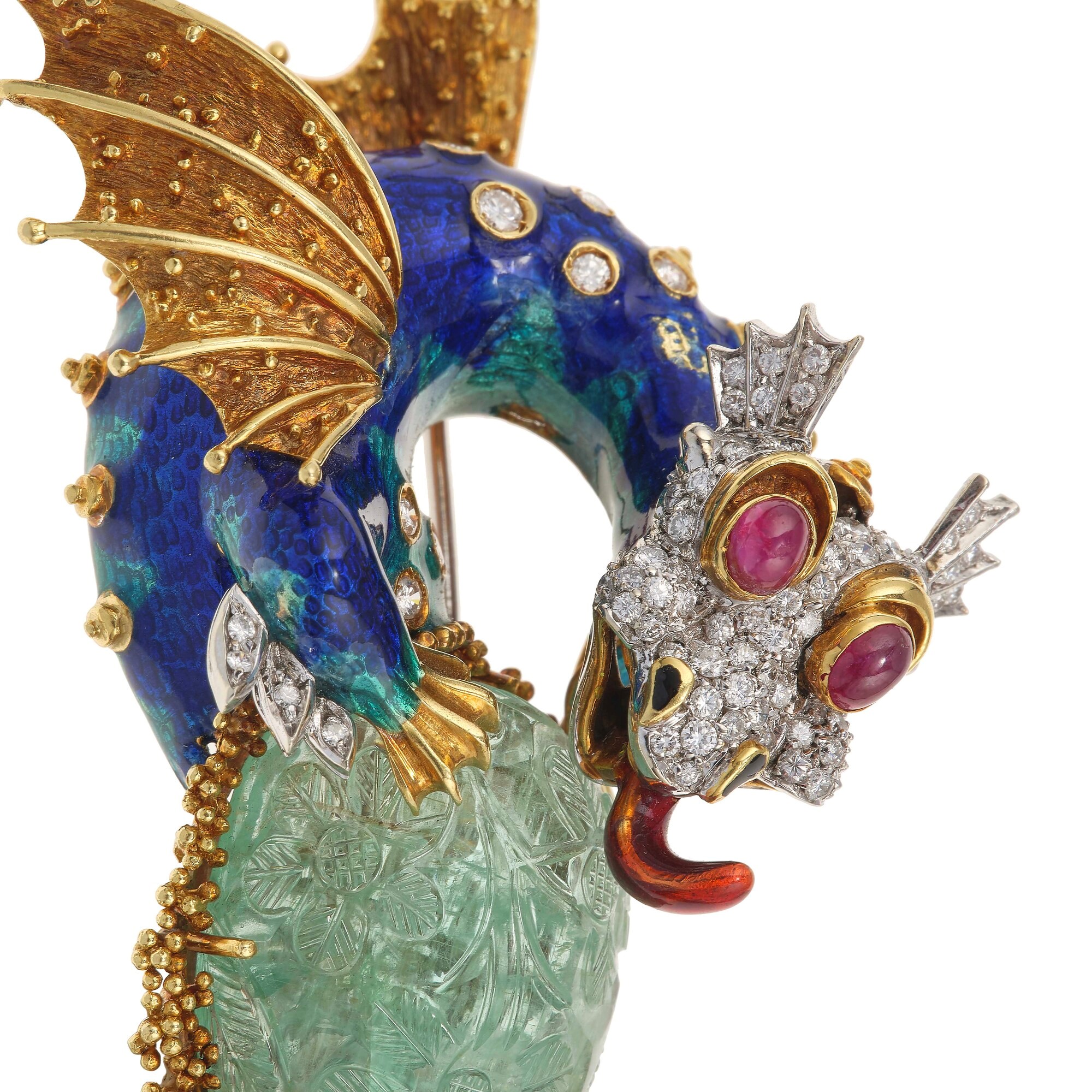 Spilla "drago" con Smalti Policromi, Diamanti, Rubini e Berillo Inciso