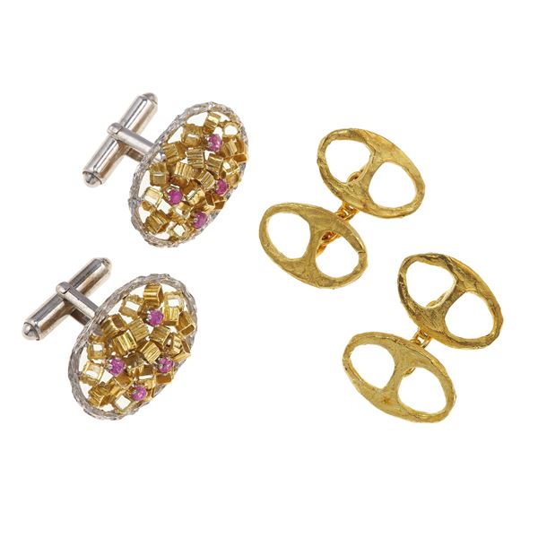 Two pair of ruby, gold and steel cufflinks