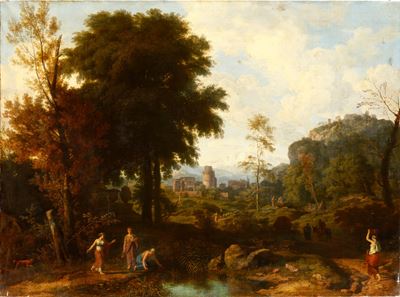 Scuola del XIX secolo, Paesaggio fluviale con figure, olio su tela