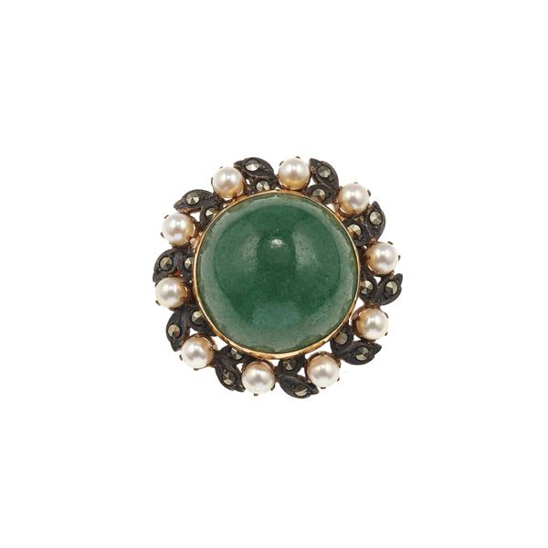 Aventurine, pearl, gold and silver brooch