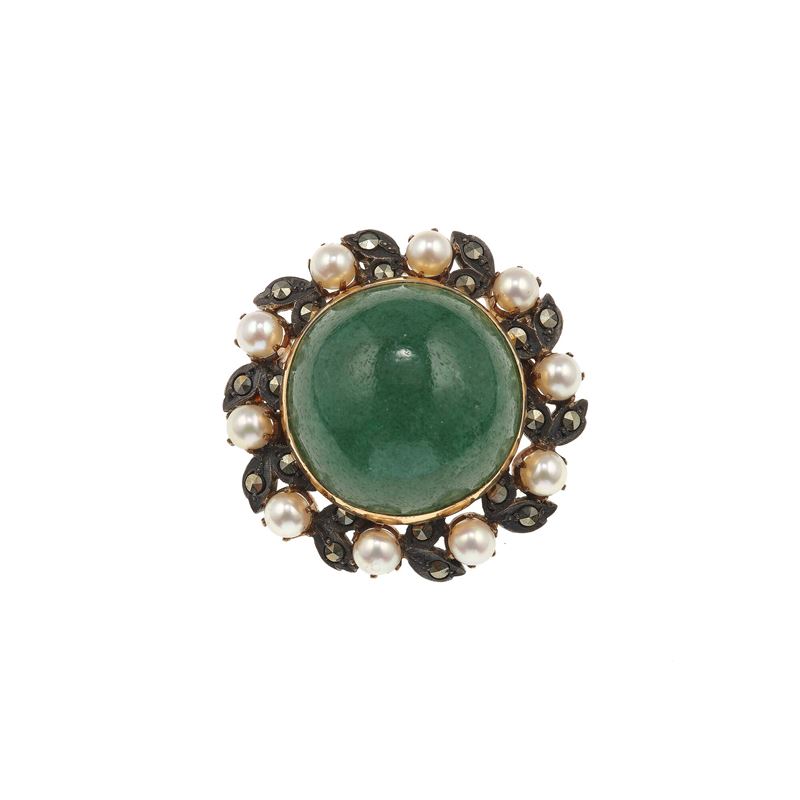 Aventurine, pearl, gold and silver brooch  - Auction Jewels - Cambi Casa d'Aste