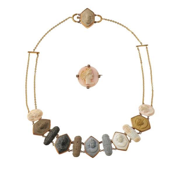 Cameos and low-karat gold demi-parure. Small damage