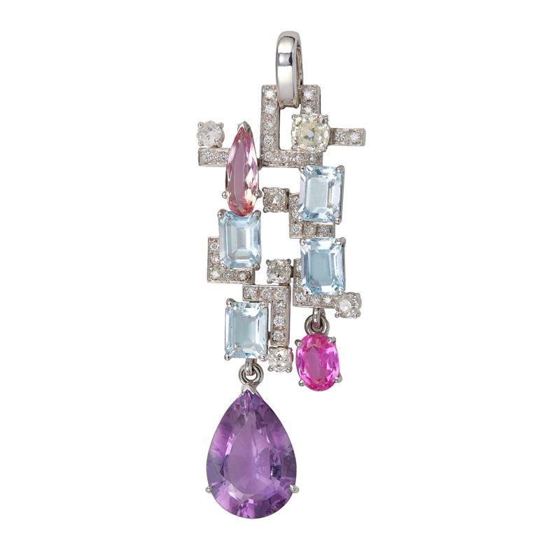 Diamond, amethyst, quamarine, topaz and gold pendant  - Auction Fine Jewellery - Cambi Casa d'Aste