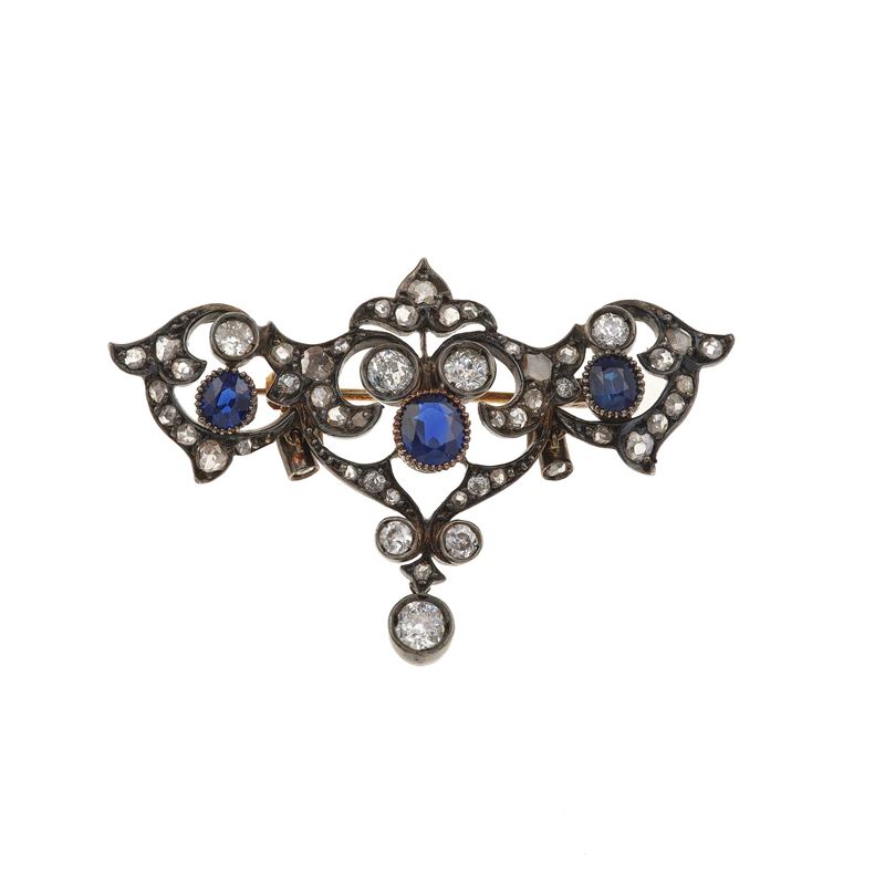 Sapphire, old-cut diamond, gold and silver brooch  - Auction Fine Jewellery - Cambi Casa d'Aste