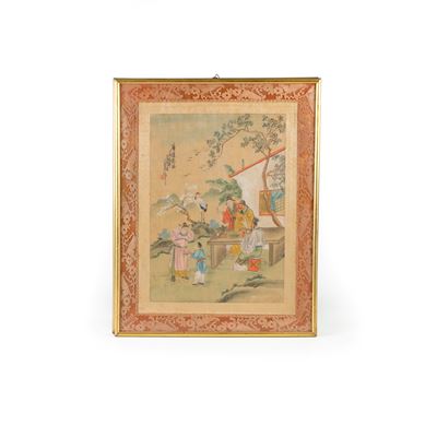Coppia di tessuti dipinti, scene di genere orientali, Cm 26x36