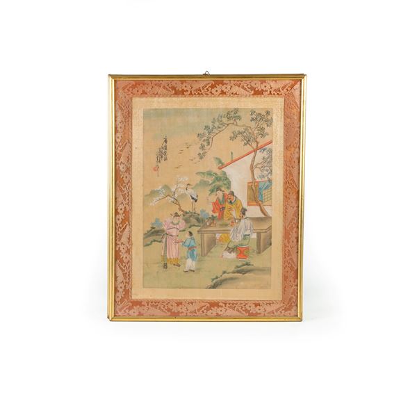 Coppia di tessuti dipinti con scene di genere orientali