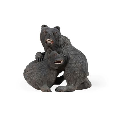 Gruppo in legno intagliato con lotta tra orsi, "Foresta Nera", Germania o Svizzera, XX secolo
