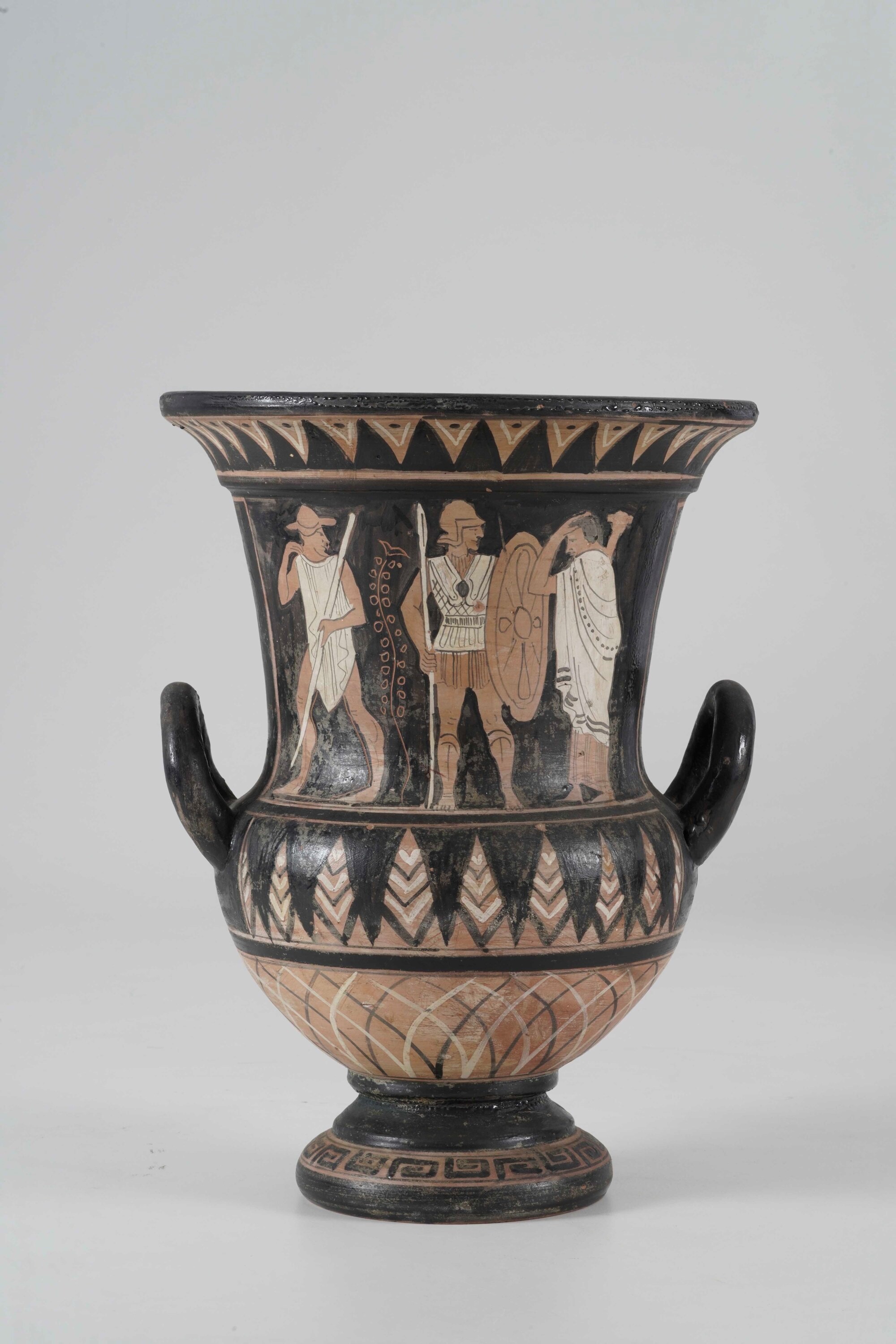 Vaso in terracotta a foggia di cratere etrusco, decorazione a figure nere, XX secolo