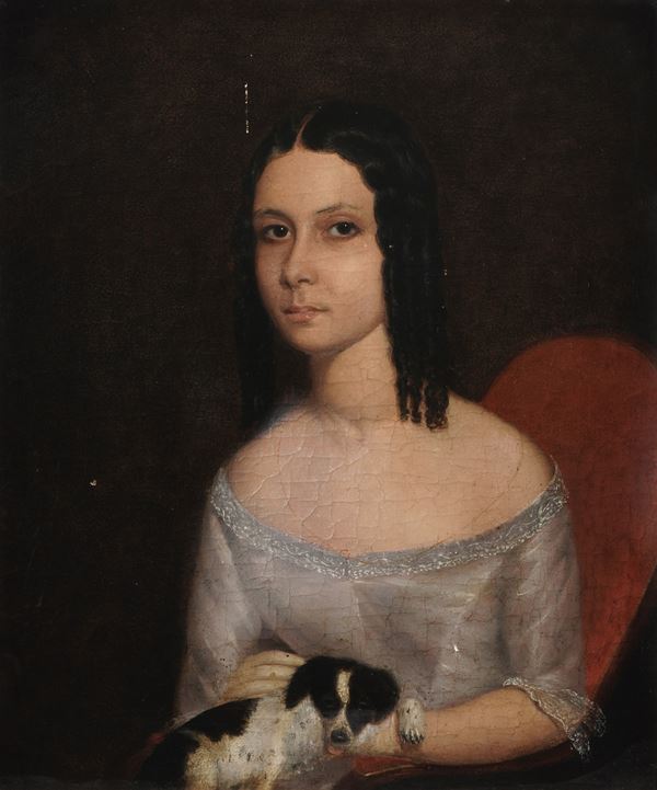 Scuola del XIX secolo Ritratto di gentildonna con cagnolino
