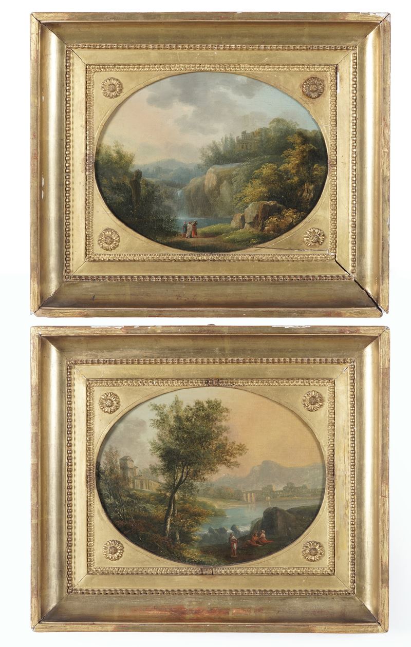 Scuola neooclassica del XIX secolo Paesaggi fluviali con figure