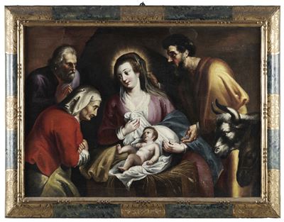 Scuola fiamminga del XVII secolo, Adorazione dei pastori, olio su tela