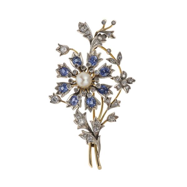 Diamond, sapphire, cultured pearl, gold and silver brooch