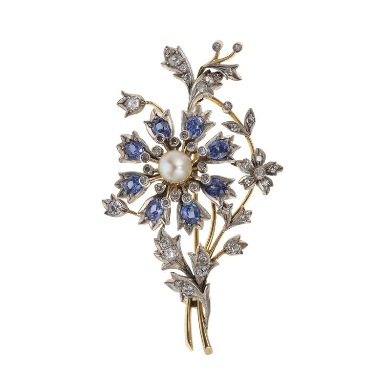 Diamond, sapphire, cultured pearl, gold and silver brooch  - Auction Fine Jewellery - Cambi Casa d'Aste