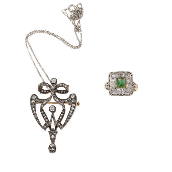 Group of diamond, emerald, gold and silver jewels