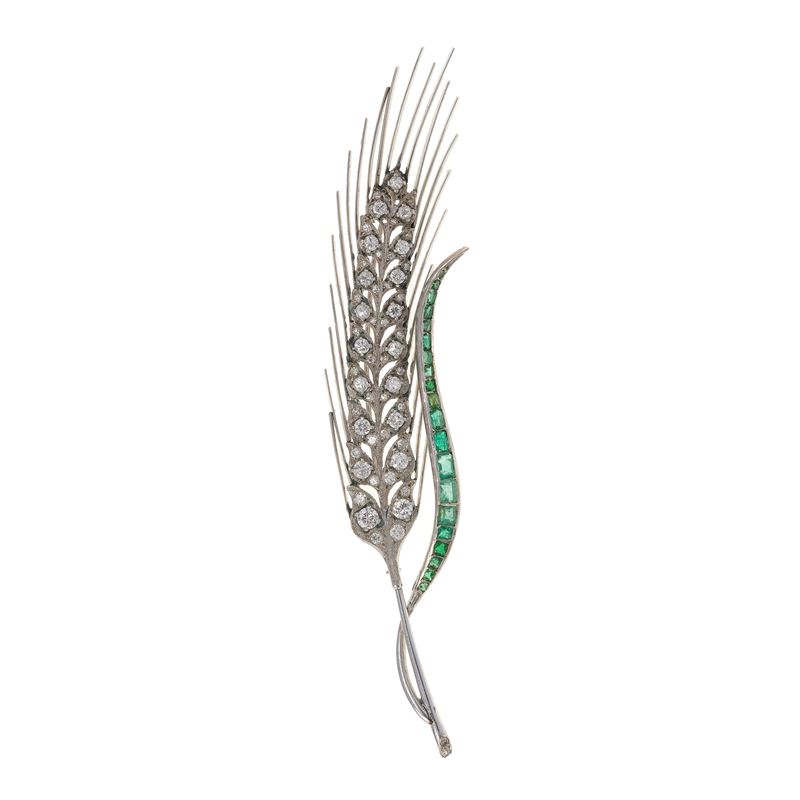 Diamond, emerald and gold "ear of wheat" brooch. Small damage  - Auction Fine Jewellery - Cambi Casa d'Aste